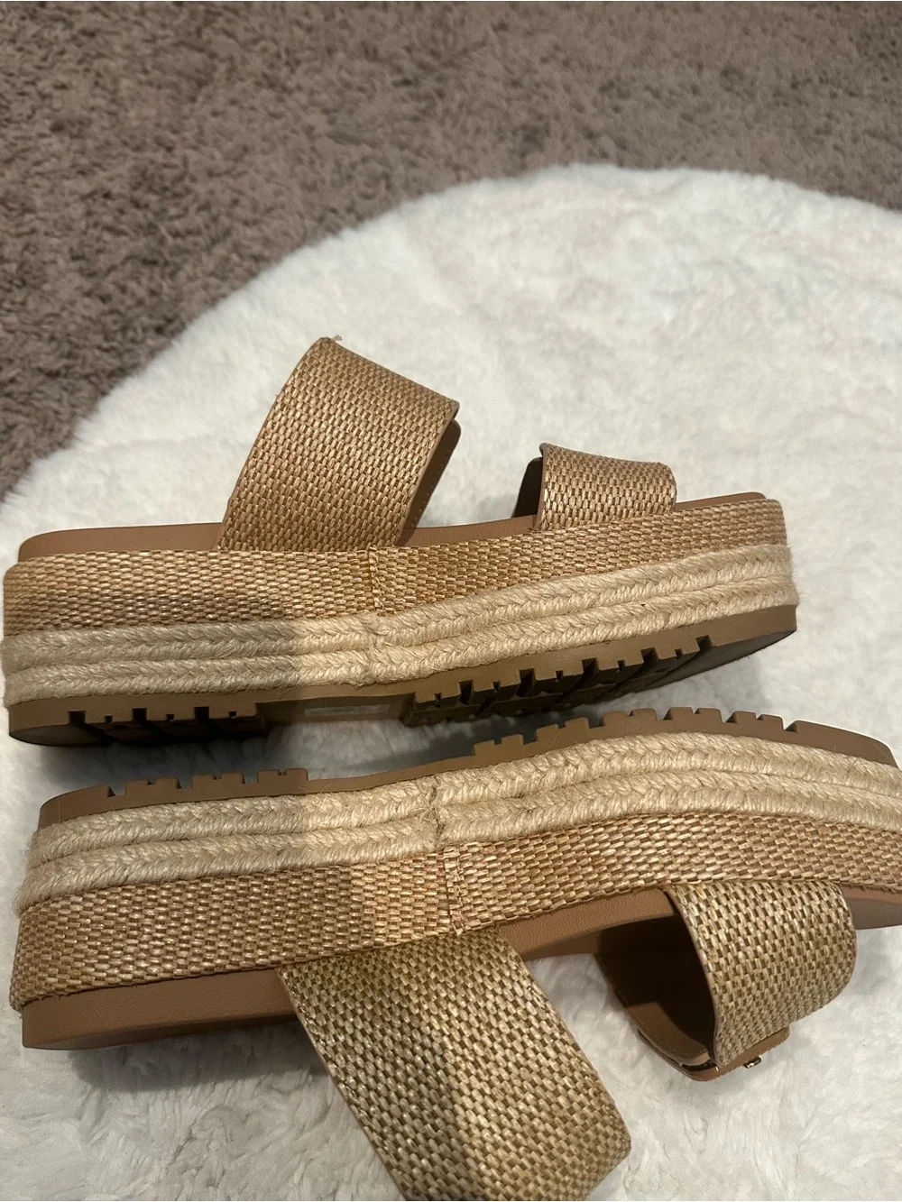 Soda Woven Buckle Platform Slide Sandals in Tan